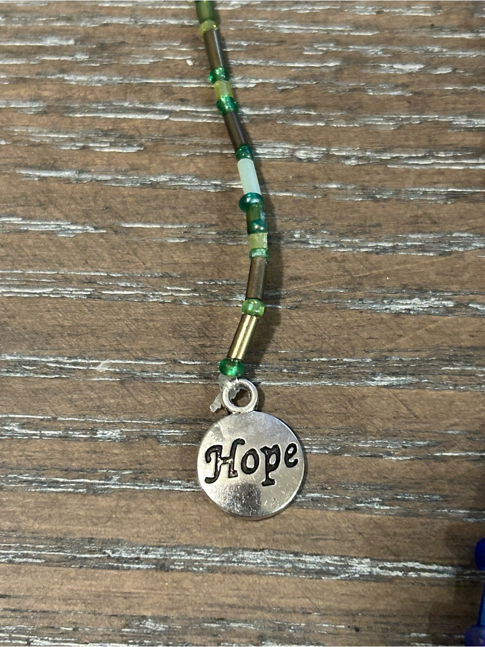 Beaded Blue & Green Bag Charm/Keychain with Elephant and 'Hope' Pendant - Picture 3 of 3